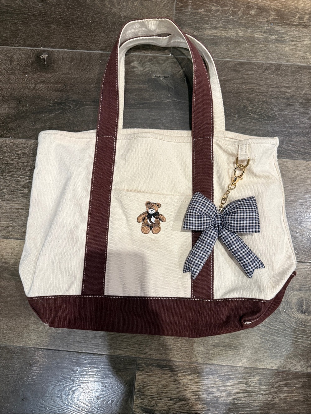 American Eagle Cream Canvas Tote Bag with Brown Accents and Teddy Embroidery